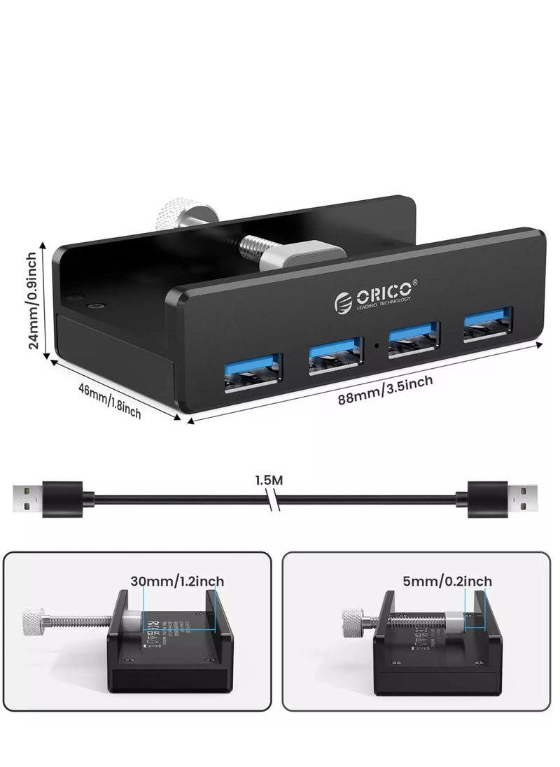 أوريكو - محور USB 3.0، محور USB 3.0 من الألومنيوم بأربعة منافذ مع منفذ إمداد طاقة إضافي وكابل بيانات USB بطول 1.5 متر، محور USB يعمل بسطح المكتب لأجهزة imac/الكمبيوتر المحمول/الكمبيوتر الشخصي (أسود) - Image 1