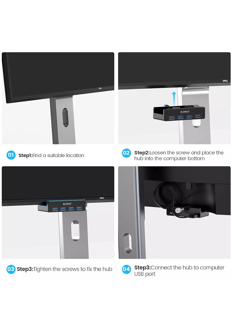 أوريكو - محور USB 3.0، محور USB 3.0 من الألومنيوم بأربعة منافذ مع منفذ إمداد طاقة إضافي وكابل بيانات USB بطول 1.5 متر، محور USB يعمل بسطح المكتب لأجهزة imac/الكمبيوتر المحمول/الكمبيوتر الشخصي (أسود) - Image 1