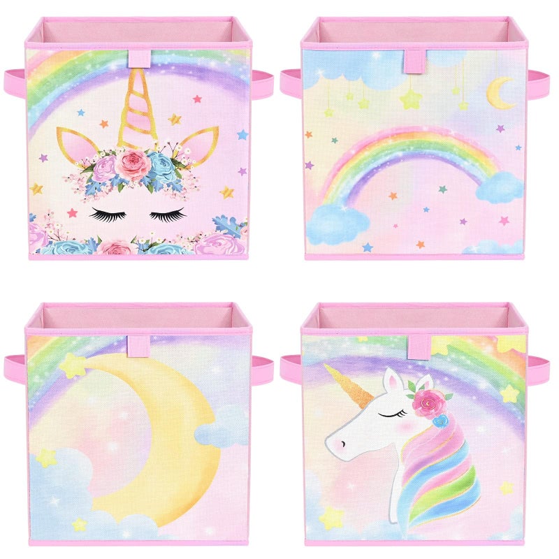 WERNNSAI Cube Storage Bins 4 Pack Fabric Foldable Storage Cube Organizer for Kids Decorative Storage Baskets with Handles 11 x 11 Home Closet Nursery Room Bedroom Unicorn