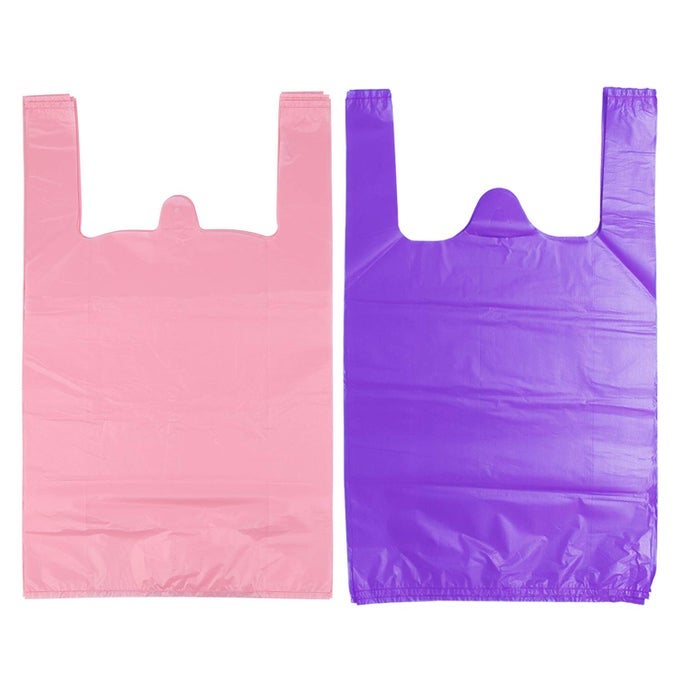 T SHIRT BAGS PLASTIC GROCERY BAGS WITH HANDLES IN BULK BOLSAS DE PLASTICO PARA NEGOCIO 12 X 20 INCH PINK 50 PCS PURPLE 50 PCS