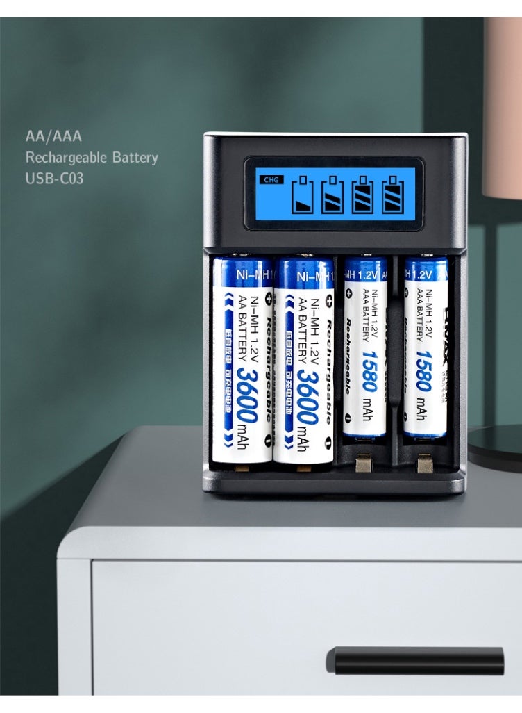 Smart 4 Slot USB Battery Charger with LCD Display - Fast Charging for AA AAA Ni-MH Ni-CD Rechargeable Batteries, Fast Heat Dissipation & Temperature Resistance - Image 2