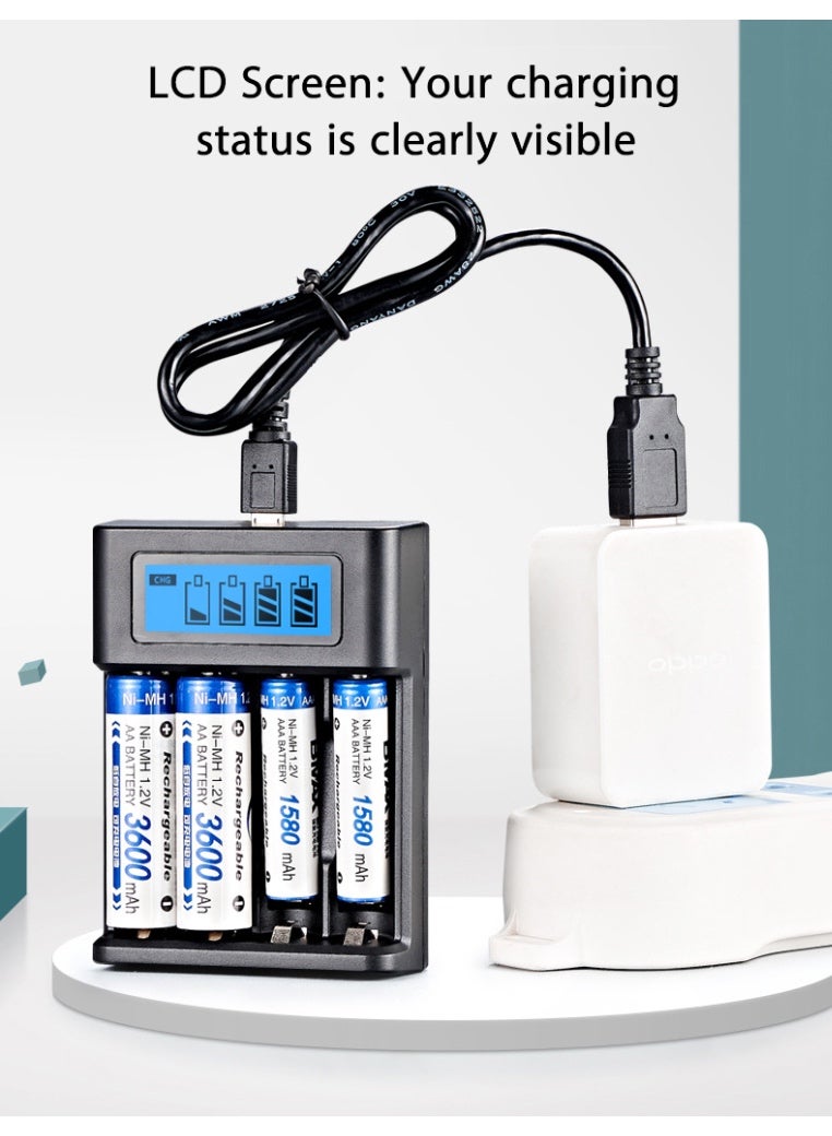 Smart 4 Slot USB Battery Charger with LCD Display - Fast Charging for AA AAA Ni-MH Ni-CD Rechargeable Batteries, Fast Heat Dissipation & Temperature Resistance - Image 3