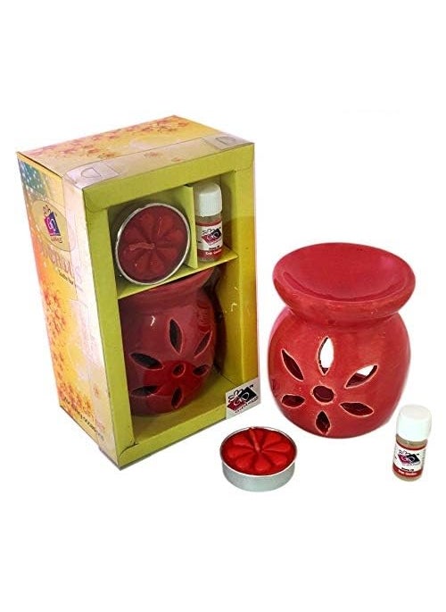 The Decor Affair Aromatica Lavender Serenade Set Red Ceramic Tea Light Holder Alluring Aroma Diffuser Captivating Oil Burner and Elegant Wax Warmer  - Image 4