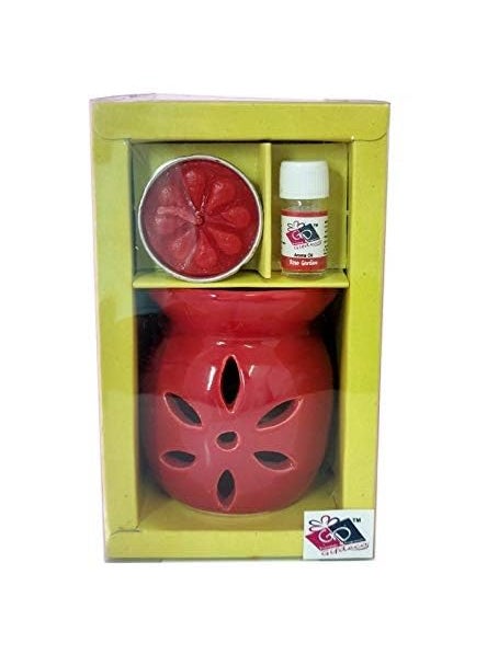 The Decor Affair Aromatica Lavender Serenade Set Red Ceramic Tea Light Holder Alluring Aroma Diffuser Captivating Oil Burner and Elegant Wax Warmer  - Image 1