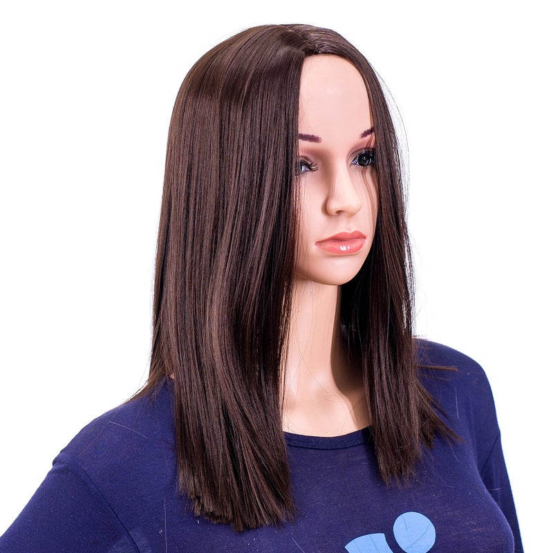 SWACC 14-Inch Short Straight Middle Part Hair Wig Medium Length Synthetic Heat Resistant Wigs for Women with Wig Cap (Dark Brown-4#) - Image 1