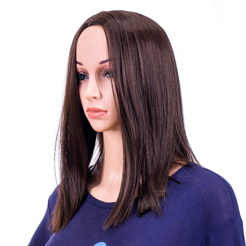 SWACC 14-Inch Short Straight Middle Part Hair Wig Medium Length Synthetic Heat Resistant Wigs for Women with Wig Cap (Dark Brown-4#) - Image 2
