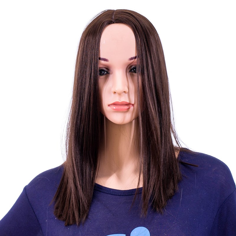 SWACC 14-Inch Short Straight Middle Part Hair Wig Medium Length Synthetic Heat Resistant Wigs for Women with Wig Cap (Dark Brown-4#) - Image 4