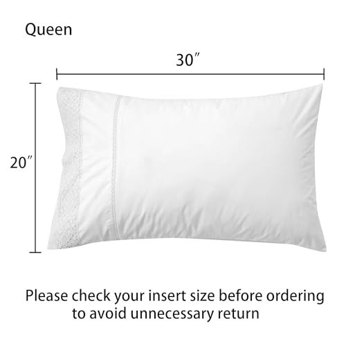 RANZNAZ 100% Cotton Lace Pillow Cases Queen Size Set of 2 - White Good Feeling Pillowcases 2 Pack with Envelope Closure, Elegant Lace,Softer and Breathable Pillow Case(20x30”) - Image 2