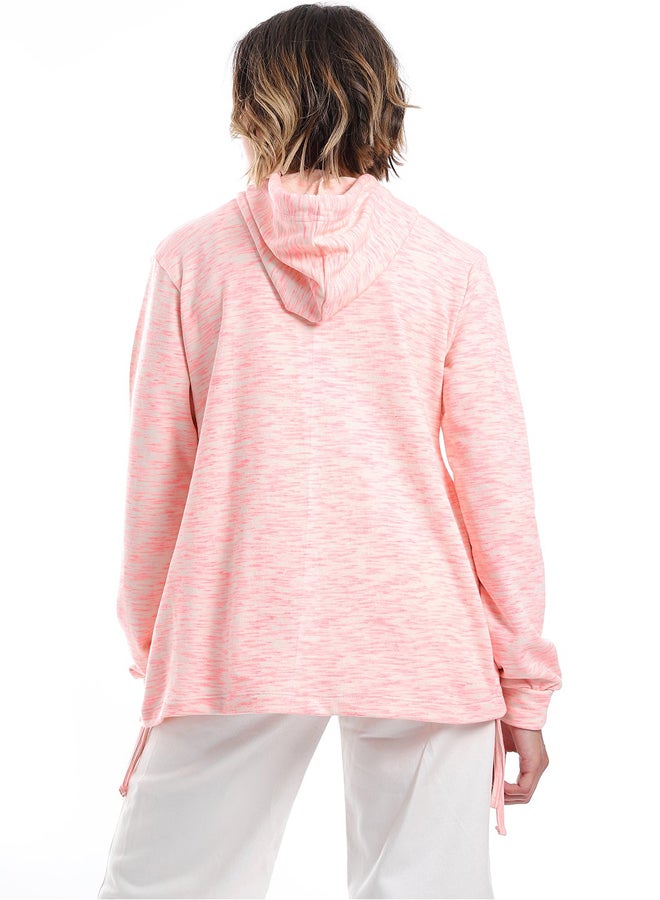 Andora Self Pattern Side Adjustable Hoodie _ Neon Pink & Beige - Image 3