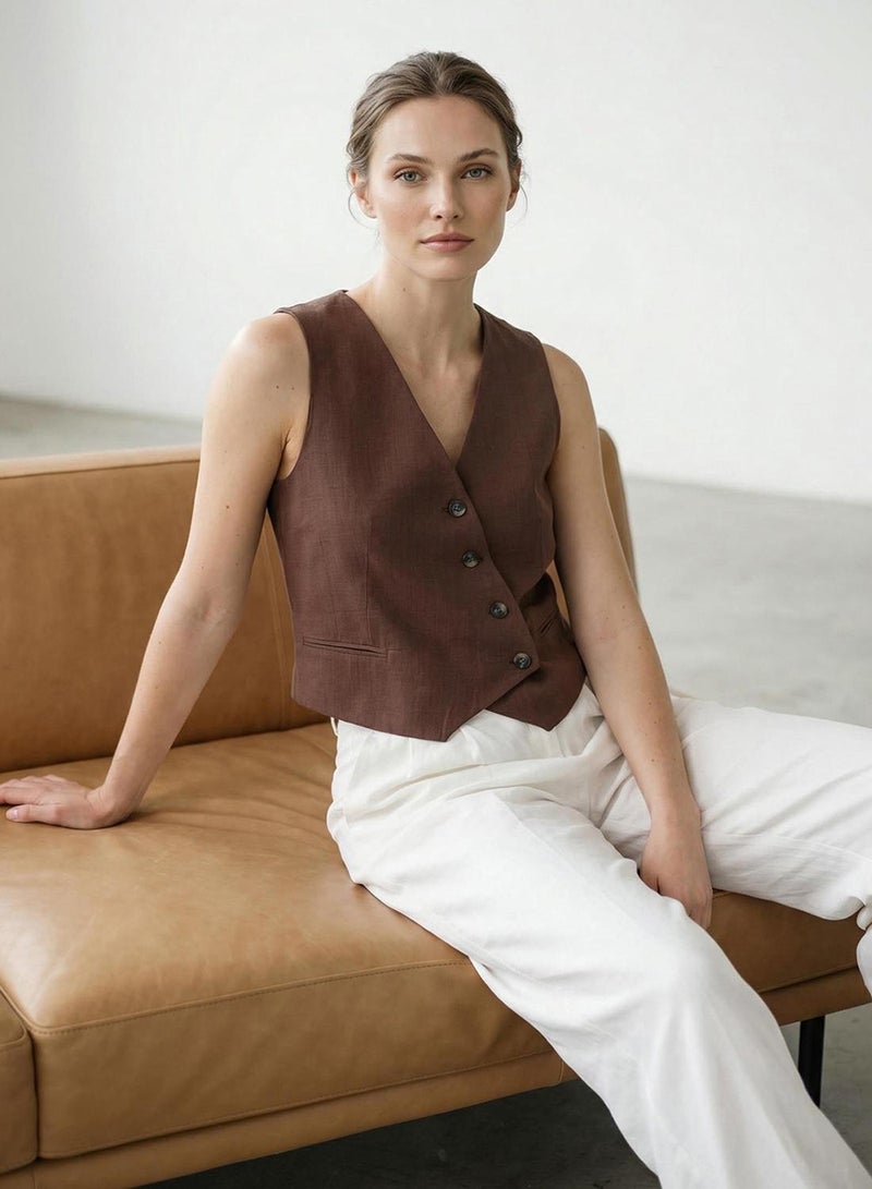 trendyol Limited Edition Brown Crop Fitted Button Detailed Woven Linen Look Vest - Image 1