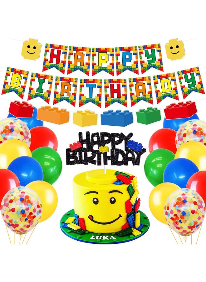 Bluejw Building Blocks Themed Birthday Party Decorations Pack - Includes Glitter Cake Topper Banners and Balloons - Summer Colorful Themed Bday Party Pack Supplies - Image 1