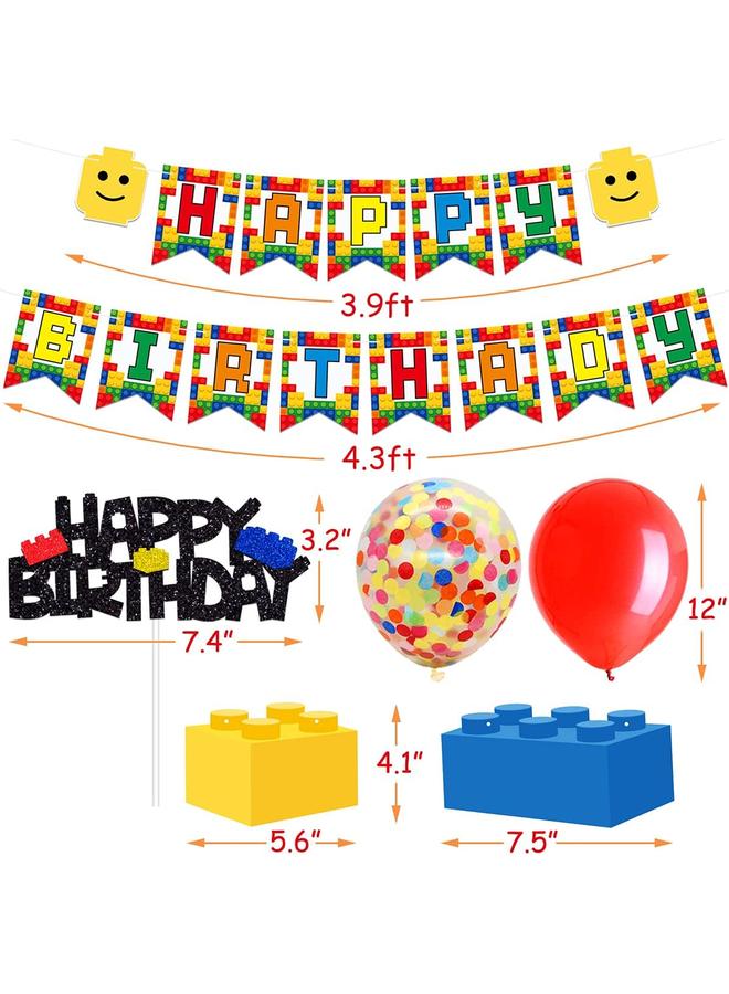 Bluejw Building Blocks Themed Birthday Party Decorations Pack - Includes Glitter Cake Topper Banners and Balloons - Summer Colorful Themed Bday Party Pack Supplies - Image 4