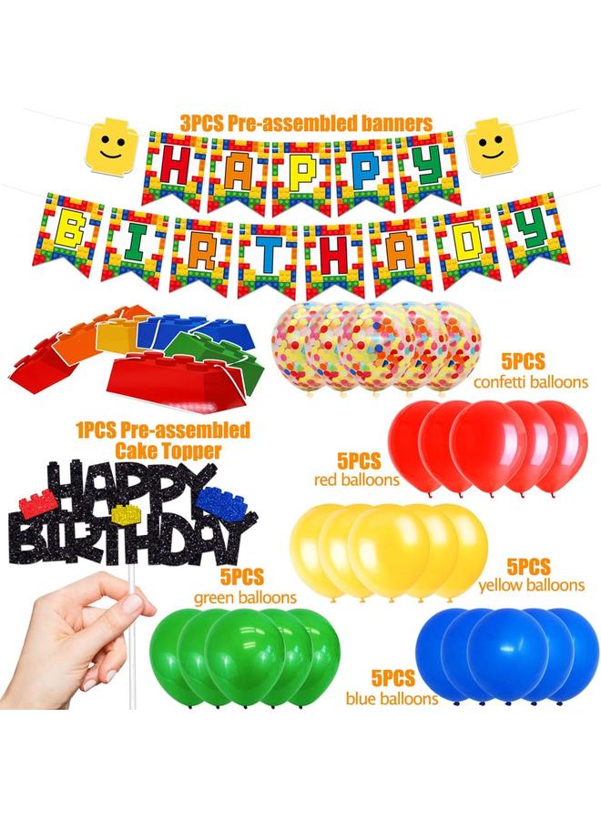 Bluejw Building Blocks Themed Birthday Party Decorations Pack - Includes Glitter Cake Topper Banners and Balloons - Summer Colorful Themed Bday Party Pack Supplies - Image 3