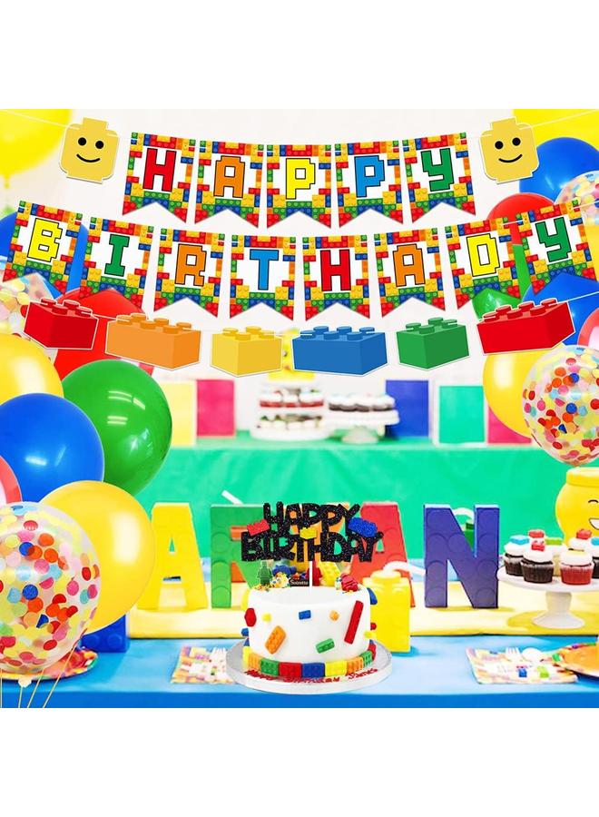 Bluejw Building Blocks Themed Birthday Party Decorations Pack - Includes Glitter Cake Topper Banners and Balloons - Summer Colorful Themed Bday Party Pack Supplies - Image 5