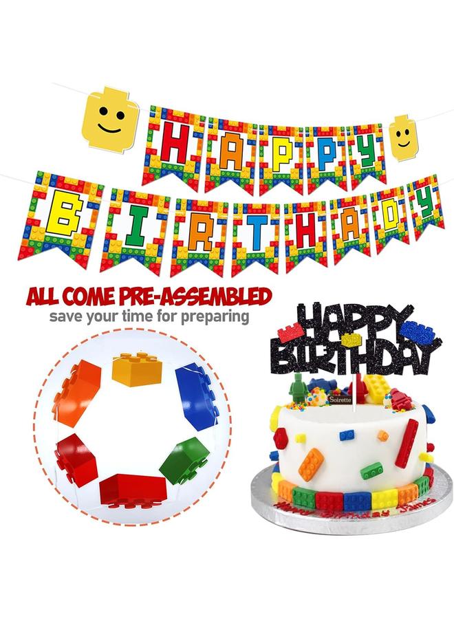 Bluejw Building Blocks Themed Birthday Party Decorations Pack - Includes Glitter Cake Topper Banners and Balloons - Summer Colorful Themed Bday Party Pack Supplies - Image 2