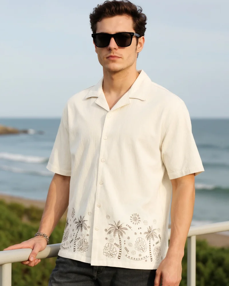 bewakoof Men's Beige Embroidered Oversized Shirt