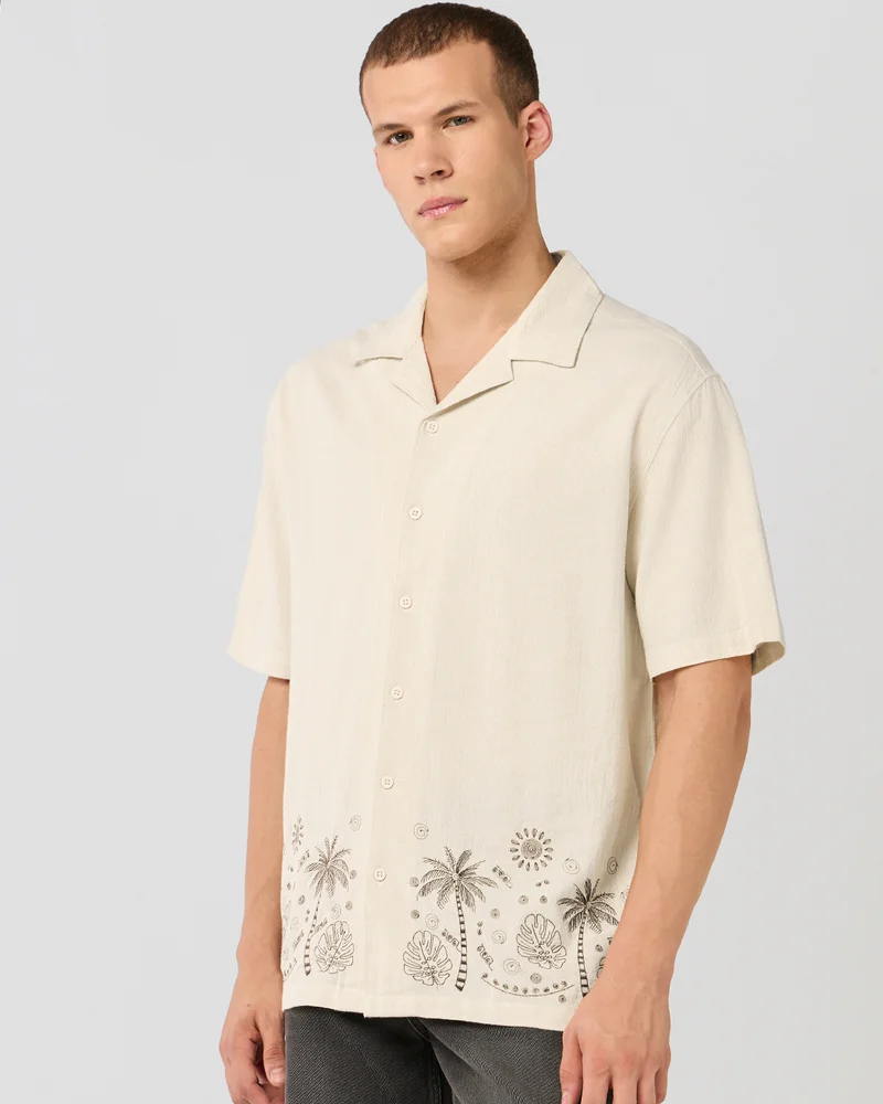 bewakoof Men's Beige Embroidered Oversized Shirt