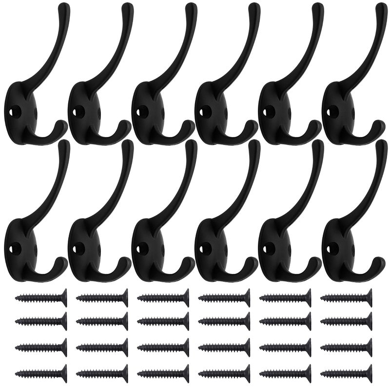 IBosins 12 Pack Black Coat Hooks Wall Mounted with 24 Screws Retro Double Hooks Utility Black Hooks for Coat, Scarf, Bag, Towel, Key, Cap, Cup, Hat - Image 2