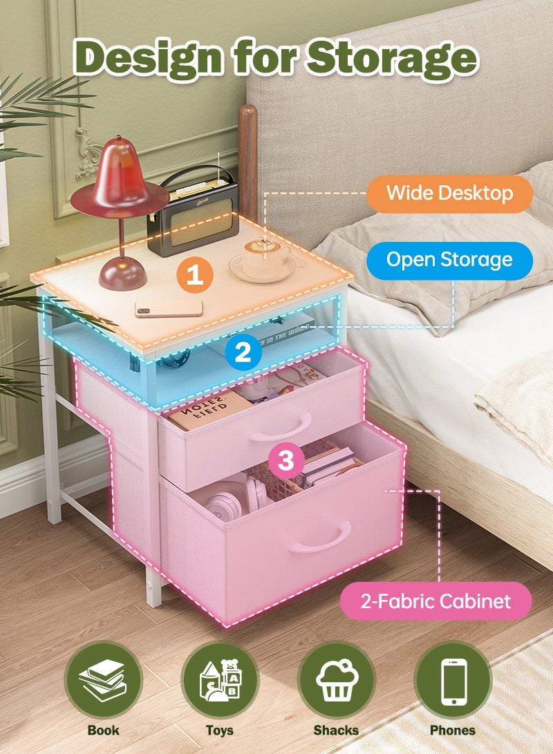 فامابي طاولة جانبية للسرير، منضدة ليلية بدرج قماشي، طاولة جانبية مع رف مفتوح، منضدة بجانب السرير بلون أبيض دافئ. - Image 4