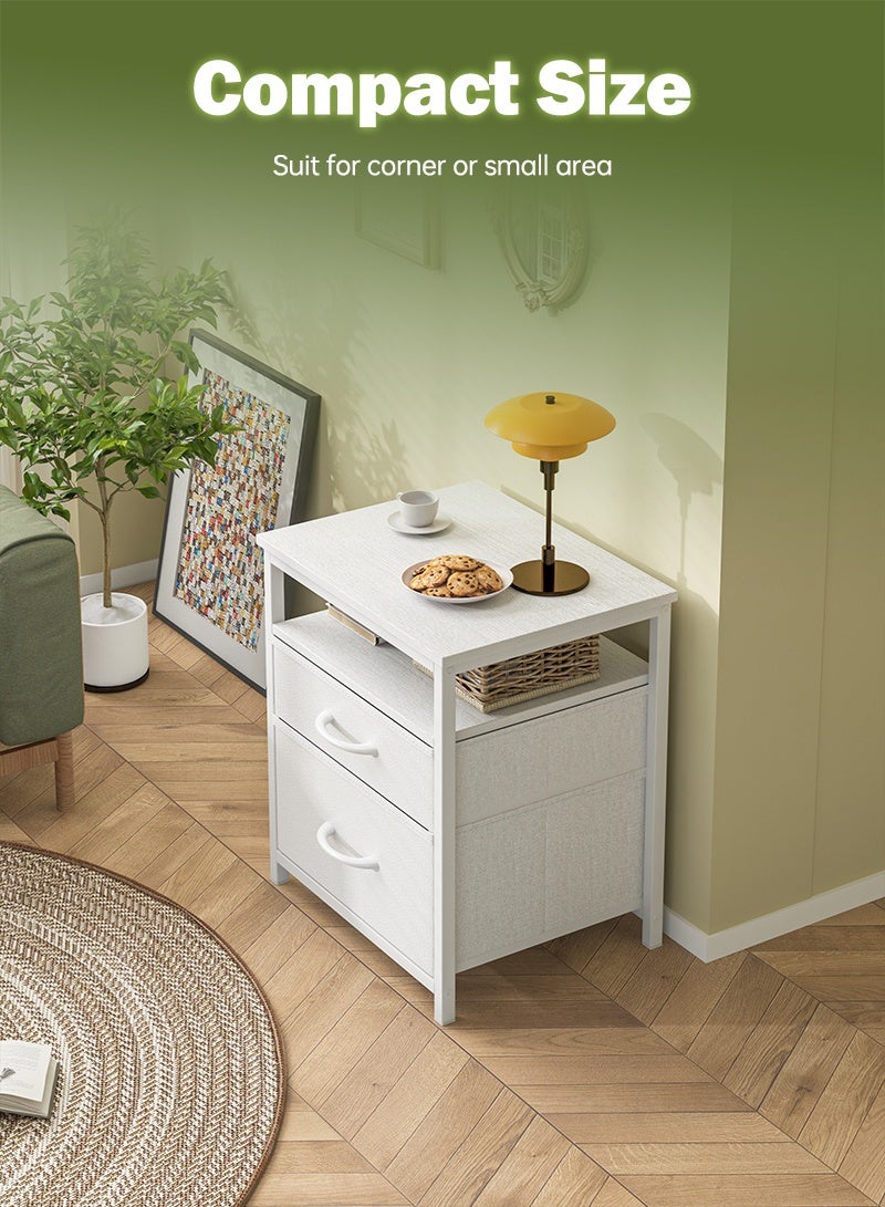 فامابي طاولة جانبية للسرير، منضدة ليلية بدرج قماشي، طاولة جانبية مع رف مفتوح، منضدة بجانب السرير بلون أبيض دافئ. - Image 5
