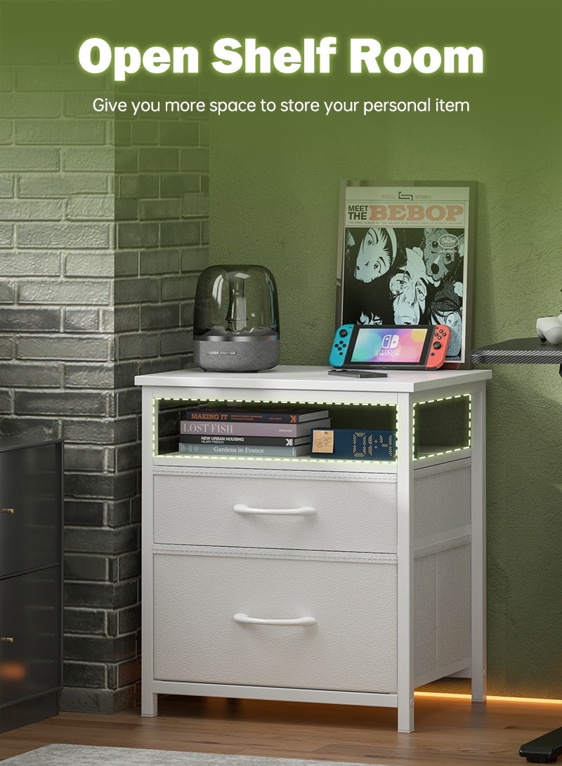 فامابي طاولة جانبية للسرير، منضدة ليلية بدرج قماشي، طاولة جانبية مع رف مفتوح، منضدة بجانب السرير بلون أبيض دافئ. - Image 3