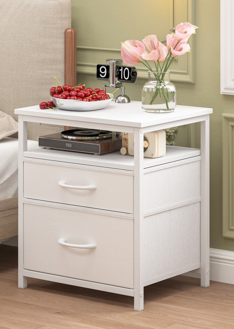 فامابي طاولة جانبية للسرير، منضدة ليلية بدرج قماشي، طاولة جانبية مع رف مفتوح، منضدة بجانب السرير بلون أبيض دافئ. - Image 1