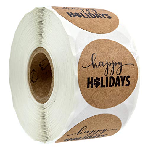 SBlabels Paw Print Happy Holidays Brown Kraft Stickers / 500 Winter Holiday Dog Paw Labels / 1.5" Holiday Greeting Envelope Seals/Pet Parent Christmas Present Decals/Made in The USA - Image 1