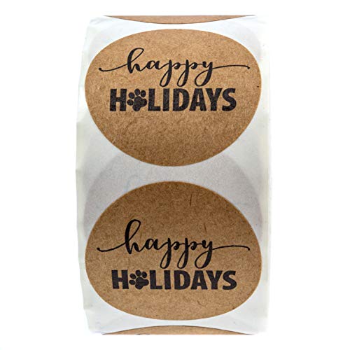 SBlabels Paw Print Happy Holidays Brown Kraft Stickers / 500 Winter Holiday Dog Paw Labels / 1.5" Holiday Greeting Envelope Seals/Pet Parent Christmas Present Decals/Made in The USA - Image 2