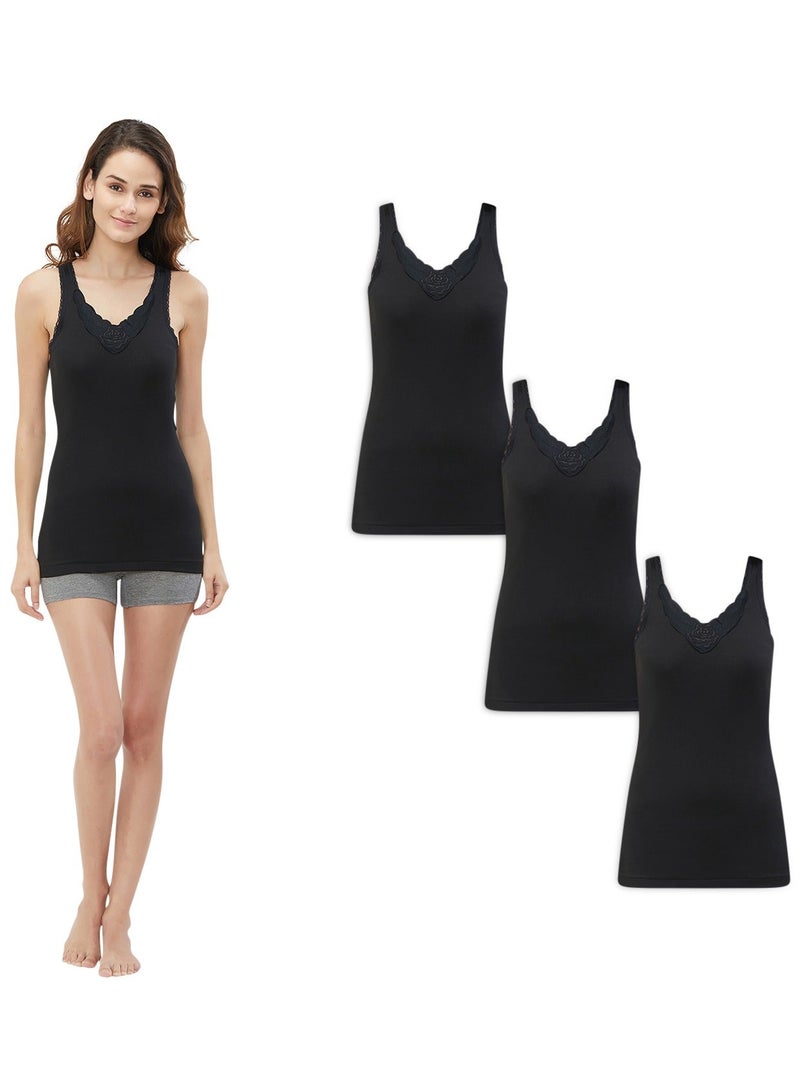 BYC Womens 100% Combed Cotton Sleeveless Vest, Seamless No-Stitch Sides, Lace Design Scoop Neck, Soft Skin Friendly Tank Top Singlet (Pack of 3) - Black - Image 1