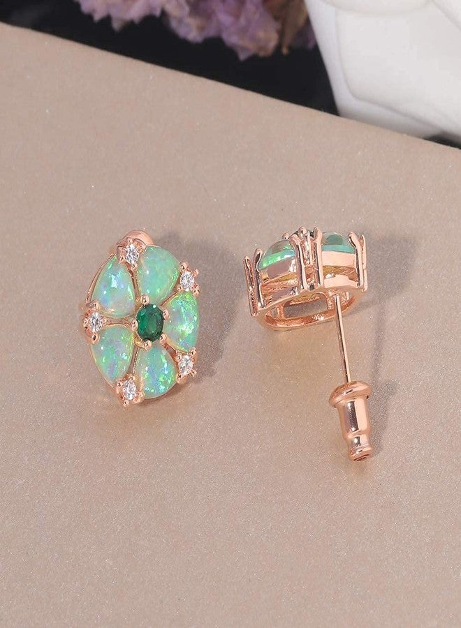 CiNily Womens Flower Earrings Green Opal Stud Earrings for Women 14K Rose Gold Plated Ladies - Image 3