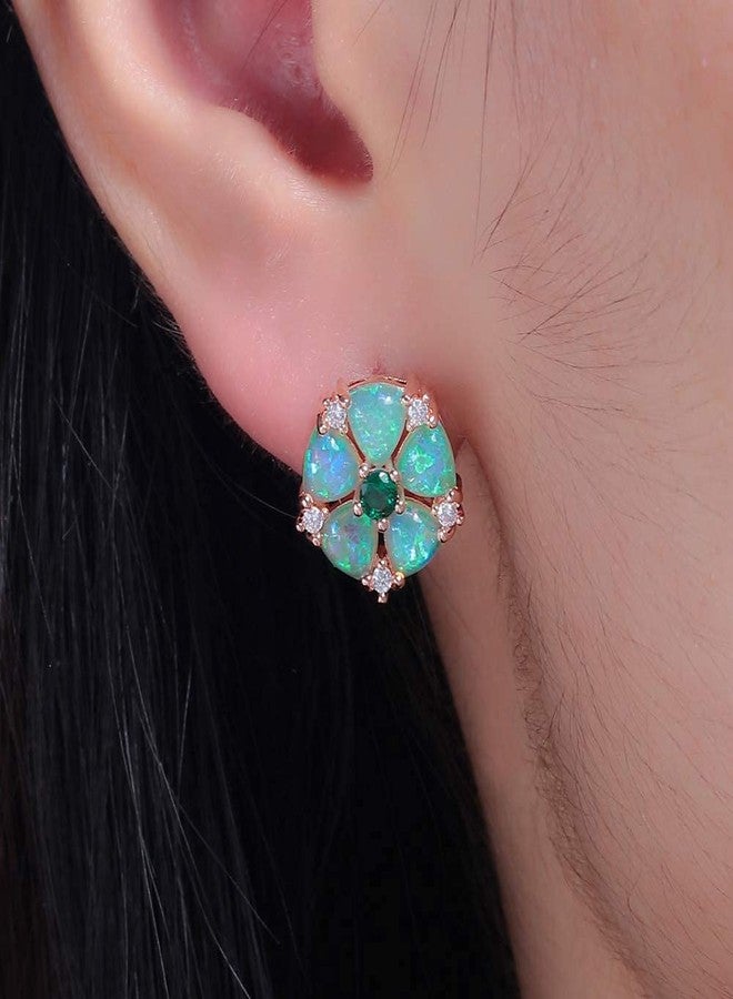 CiNily Womens Flower Earrings Green Opal Stud Earrings for Women 14K Rose Gold Plated Ladies - Image 4
