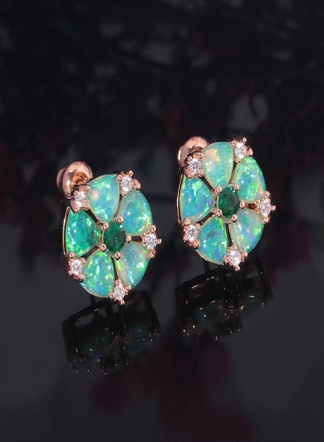 CiNily Womens Flower Earrings Green Opal Stud Earrings for Women 14K Rose Gold Plated Ladies - Image 2