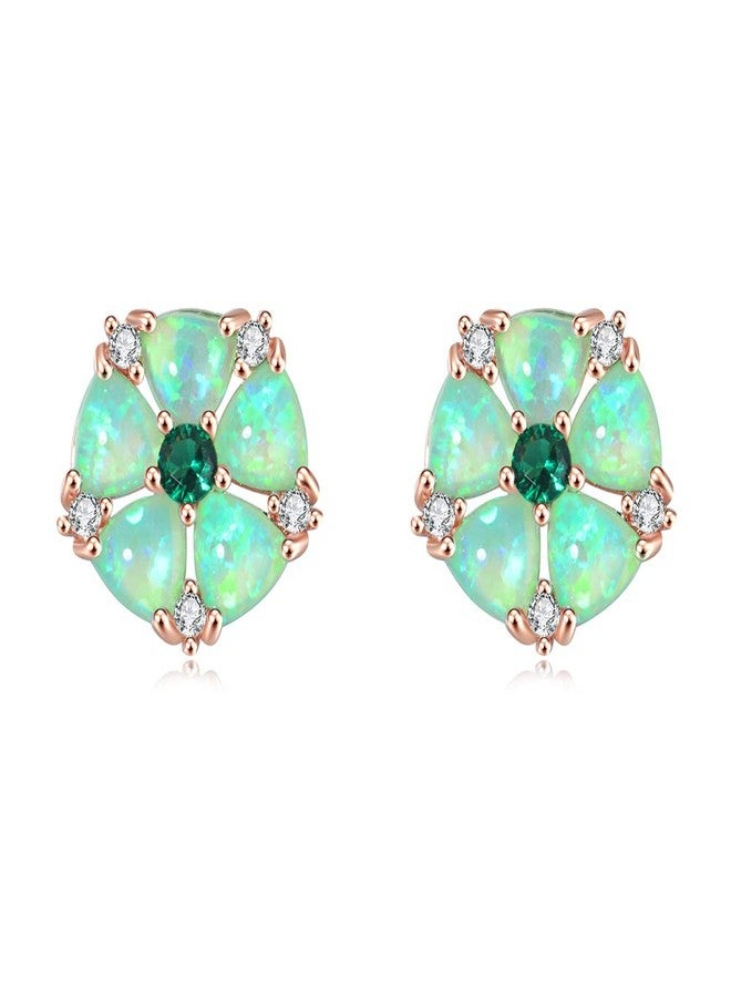 CiNily Womens Flower Earrings Green Opal Stud Earrings for Women 14K Rose Gold Plated Ladies - Image 1