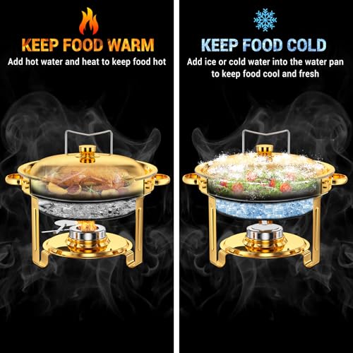 Keyoxy Round Chafing Dishes for Buffet 5 Qt,High Grade Chafing Dish Buffet Set, Full Size Pan,Rolled-Edge Design Food Warmers for Parties,Buffet,Wedding,Birthday,Camping 4 PACK (Gold) - Image 3