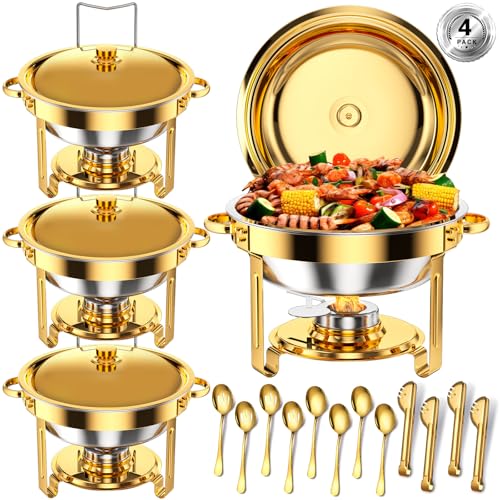 Keyoxy Round Chafing Dishes for Buffet 5 Qt,High Grade Chafing Dish Buffet Set, Full Size Pan,Rolled-Edge Design Food Warmers for Parties,Buffet,Wedding,Birthday,Camping 4 PACK (Gold) - Image 1
