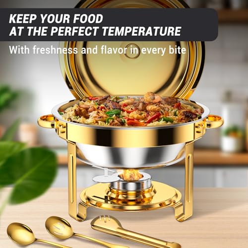 Keyoxy Round Chafing Dishes for Buffet 5 Qt,High Grade Chafing Dish Buffet Set, Full Size Pan,Rolled-Edge Design Food Warmers for Parties,Buffet,Wedding,Birthday,Camping 4 PACK (Gold) - Image 4