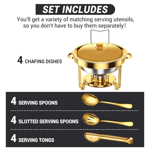 Keyoxy Round Chafing Dishes for Buffet 5 Qt,High Grade Chafing Dish Buffet Set, Full Size Pan,Rolled-Edge Design Food Warmers for Parties,Buffet,Wedding,Birthday,Camping 4 PACK (Gold) - Image 2