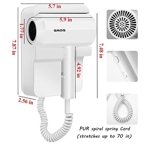 GMDQ Hotel Wall Mounted Hair Dryer for Bathroom,Restroom Professional Blow Dryer,with Stand Rack,Specialised Motor for Salon,Fast Drying - Gifts【Massage Comb, Screws+ Adhesive】 110V - Image 4
