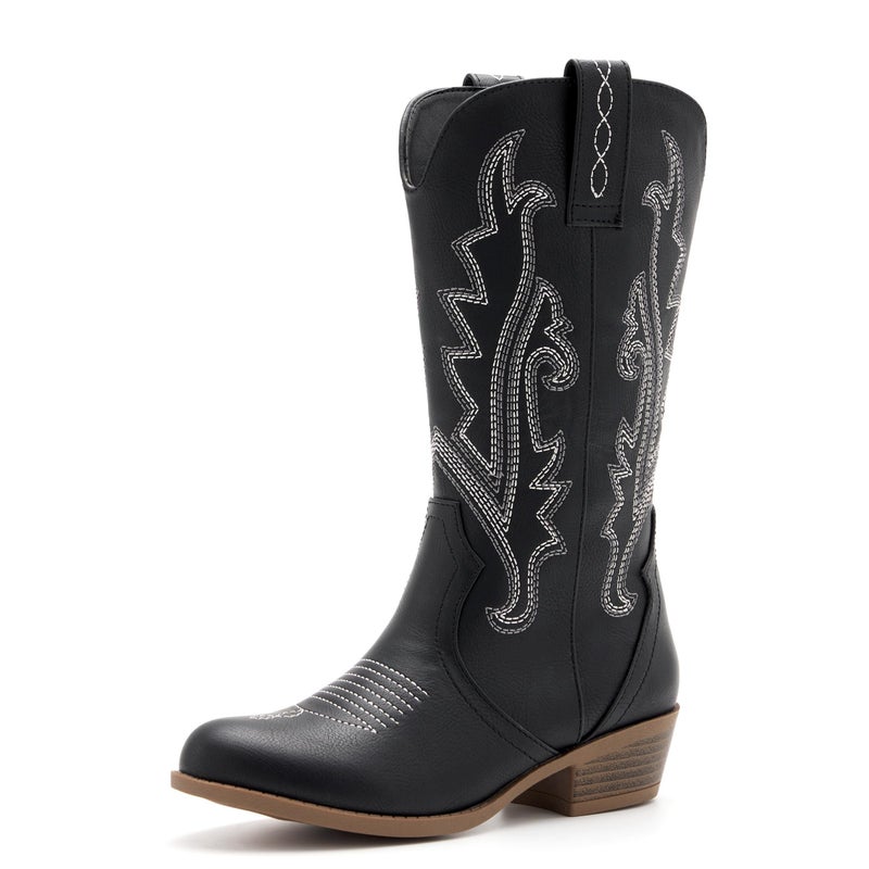 vodvob Kids Western Boots Embroidered Cowgirl Cowboy Boots Boys Girls Mid Calf Round Toe Riding Shoes Little Kid/Big Kid - Image 1