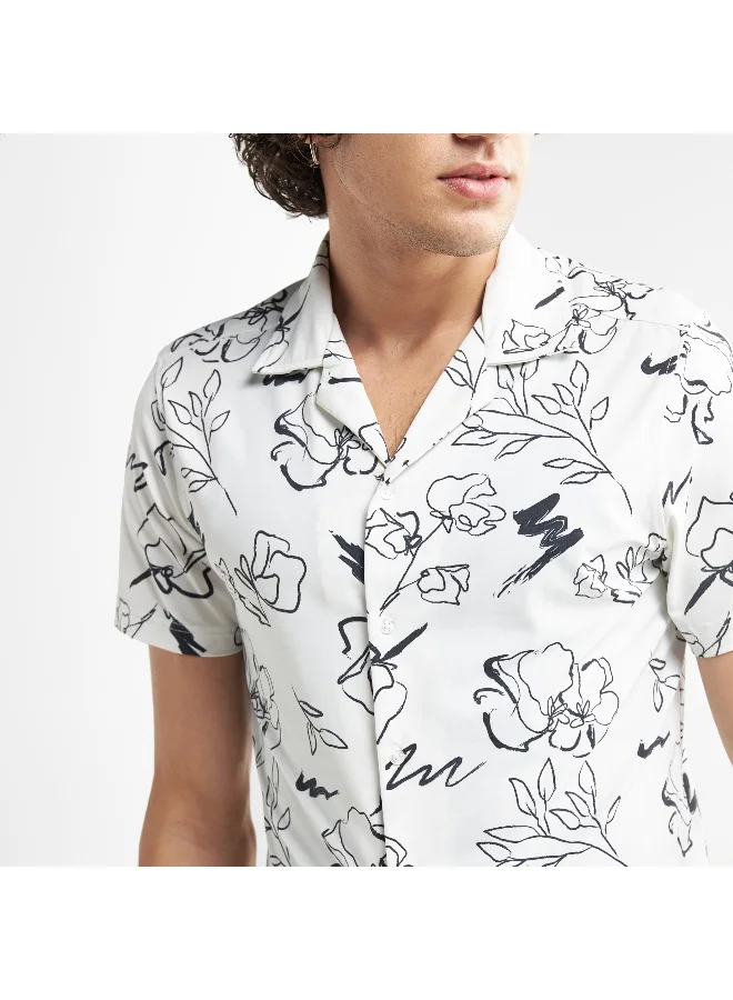 Splash FAV Floral Print Camp Collar Shirt with Short Sleeves