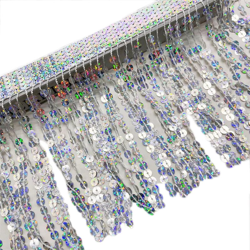 LauthenS 98 Yards Sequins Fringe Trim 6 Inch Sequin Tassels Sewing Trim for DIY Craft Latin Dress Clothing Embellishment Silver Gray