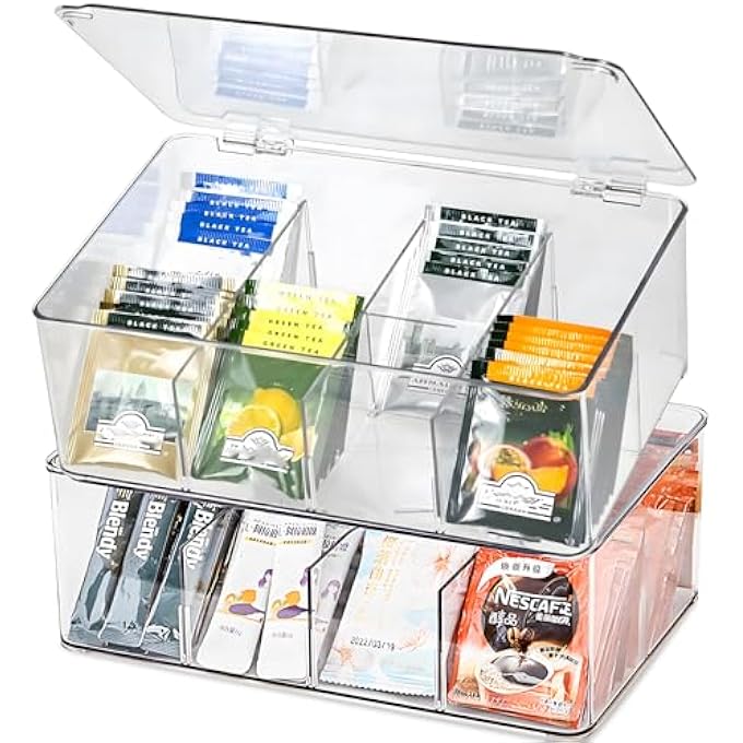 HIKKY 2Pcs Tea Bag Organizer Clear Bag Holder With Lid 8 Sections Stackable Tea Storage Packets Divided Storage Bin Box Container For Kitchen Cabinet Pantry Countertop - Image 2