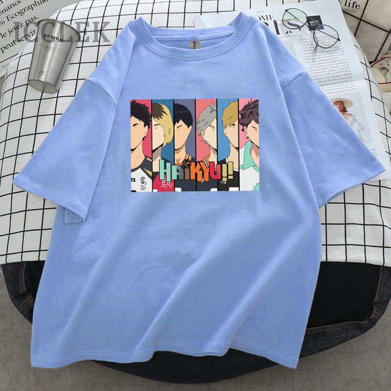 Generic Volleyball Junior Haikyu!! Peripheral T-shirt Trendy Crewneck Printed Summer Large Size Mens and Womens Short-sleeved White Cross-border Women A Light Blue 