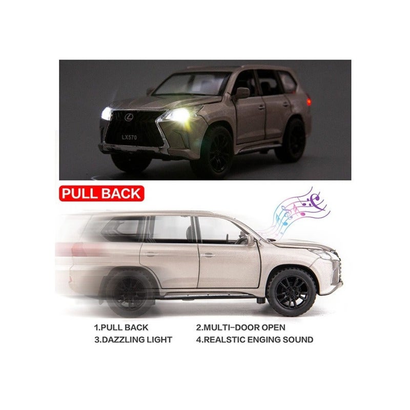 1/32 متوافق مع سيارة لكزس LX570 للطرق الوعرة في سيارة الدفع الرباعي الفاخرة، لعبة سيارة سحب للخلف من سبائك الزنك مع صوت وضوء هدية للأولاد والبنات فضية - Image 3
