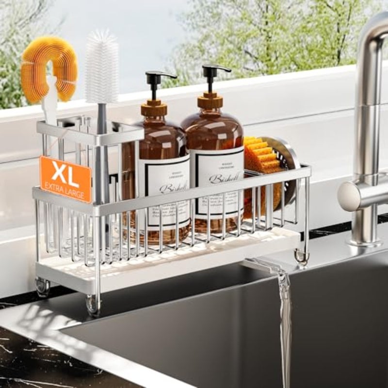 Sponge Holder for Kitchen Sink, Sink Caddy Organizer with High Brush Holder, Kitchen Countertop Organizers and Storage Essentials, Rustproof 304 Stainless Steel Black, 9.25″
