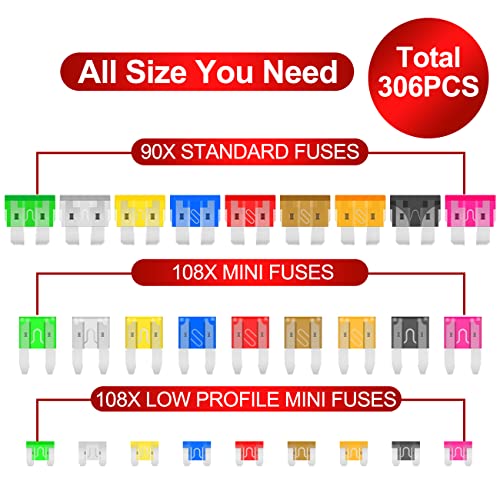 BBjinronjy Fuse Assortment Kit,306pcs Car Boat Truck SUV Auto Automotive Assorted Replacement Blade Fuses Standard & Mini & Low Profile Mini-2A 5A 7.5A 10A 15A 20A 25A 30A 35A with Fuse Puller Circuit Tester - Image 2