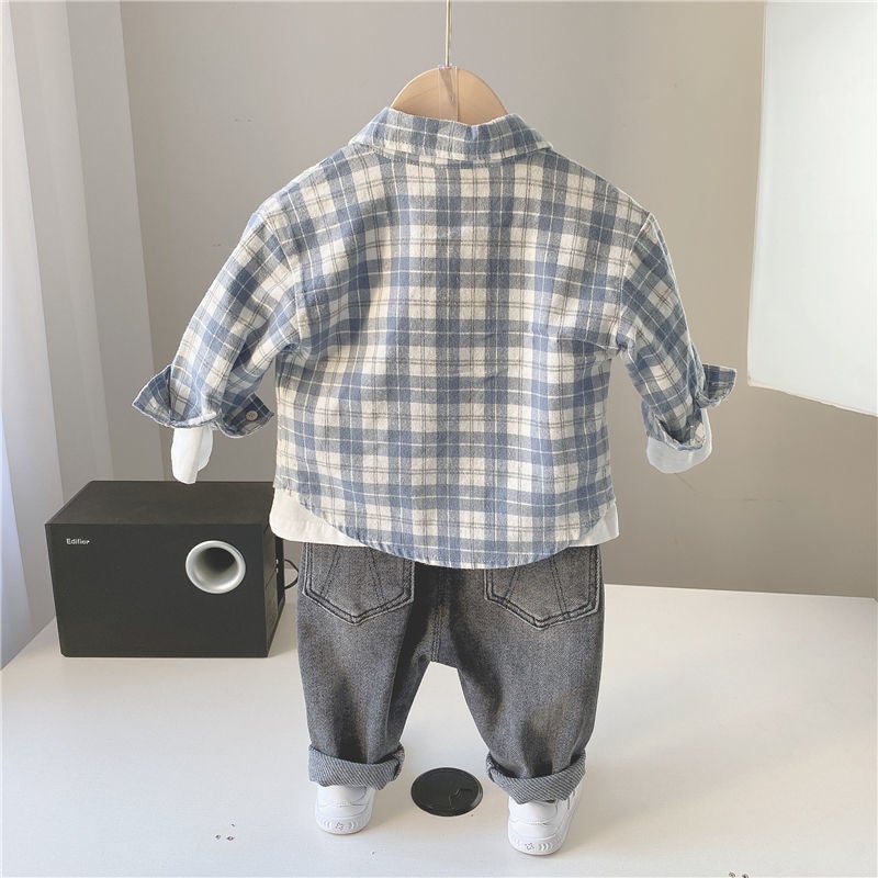 Boys' Blue Plaid Long-Sleeved Shirt 2025 Autumn New Spring & Fall Kidsren'S Shirt Kidsren'S Trendy Baby Tops And Jackets - Image 3