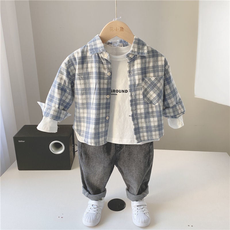 Boys' Blue Plaid Long-Sleeved Shirt 2025 Autumn New Spring & Fall Kidsren'S Shirt Kidsren'S Trendy Baby Tops And Jackets - Image 2