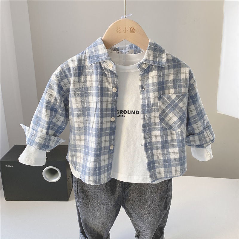 Boys' Blue Plaid Long-Sleeved Shirt 2025 Autumn New Spring & Fall Kidsren'S Shirt Kidsren'S Trendy Baby Tops And Jackets - Image 4