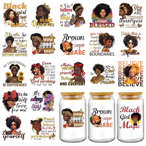 AFRITEE UV DTF Cup Wraps - 20 Sheets Black Girl Uvdtf Tumbler Wrap for 16 oz Glass Coffee, Motivational Saying Transfer Stickers DIY Mugs Craft Decals Decorations Creative Gifts for Black Women - Image 1
